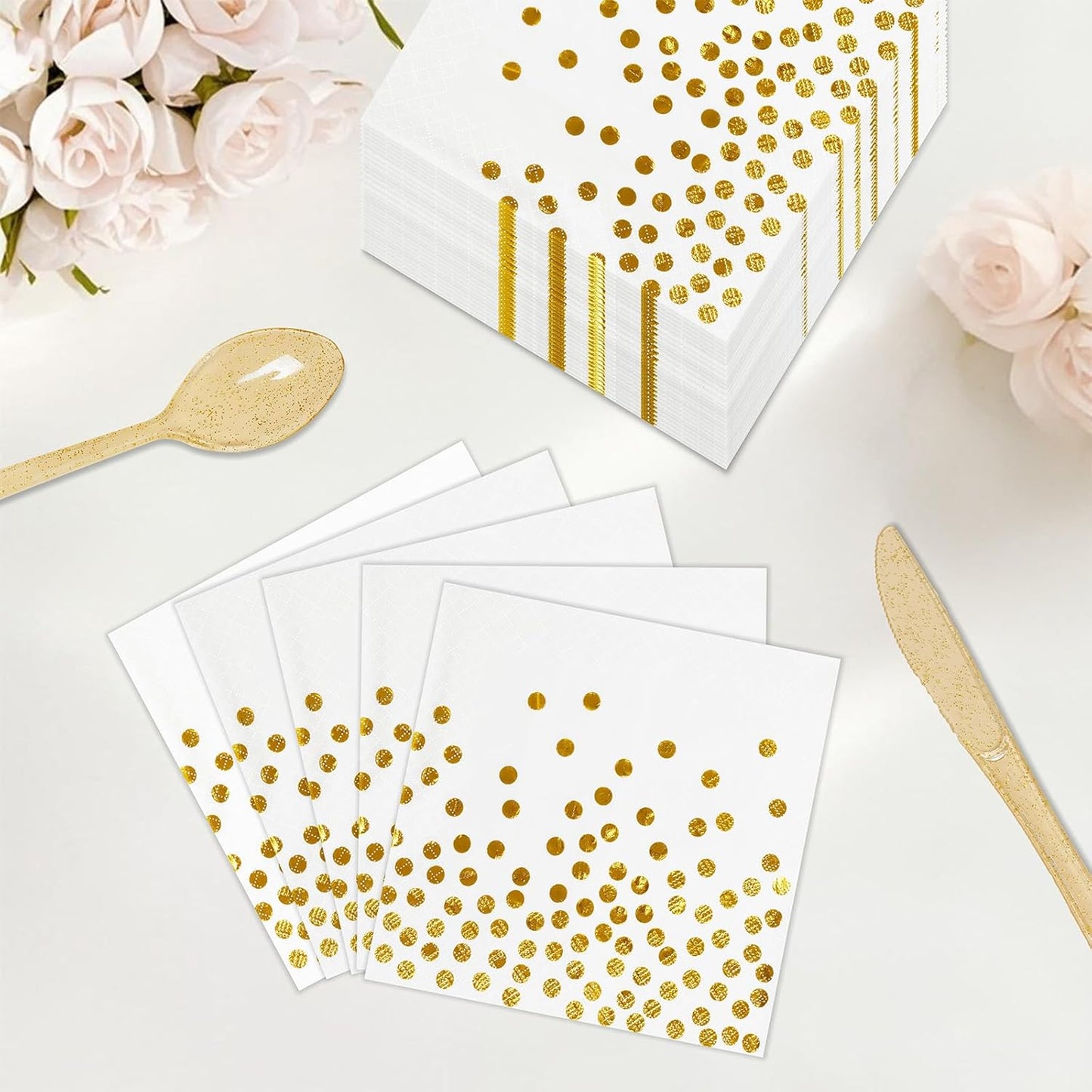 100 Pcs 6.5x6.5 Inch Disposable White Gold Paper Napkins for Cocktail