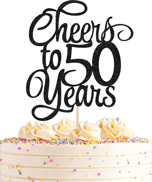 Cheers to 50 Years Cake Topper - Black Glitter 50th Birthday Cake Decorating Supplies, Perfect for 50th Anniversary or Fifty Birthday Party, Photo Booth Props