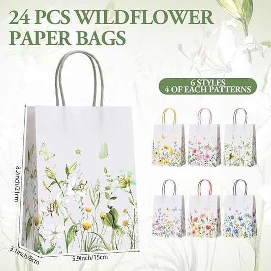 Gaillty 24 Pcs Wildflower Paper Gift Bags 6 Styles, Floral Goodie Bags with Handles Flower Wedding Welcome Bag for Wedding Bridal Shower Engagement Baby Shower Birthday Spring Tea Party Supplies