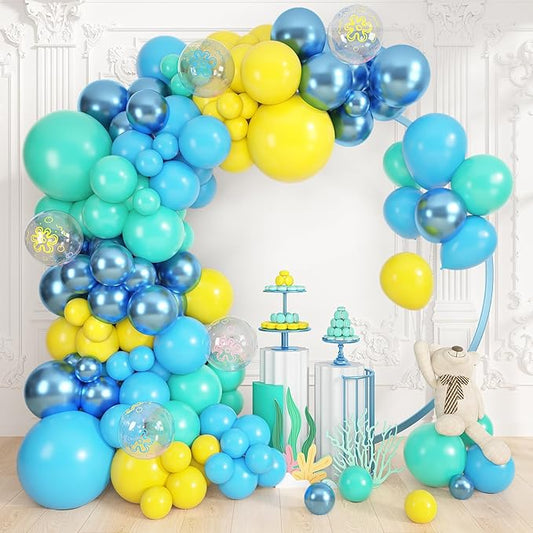 Amandir 153pcs Blue and Yellow Balloons Arch Garland Kit, Different Sizes 18 12 10 5inch Teal Metallic Blue Yellow Flower Printed Clear Balloons for Cartoon Birthday Sea Theme Shower Party Decorations