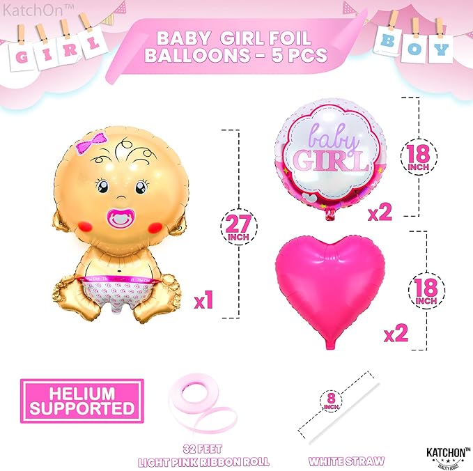 Katchon, Baby Girl Balloons for Baby Shower Set - 27 Inch, Pack of 5 | Its a Girl Balloon | Gender Reveal Balloons, Welcome Baby Balloon, Baby Shower Decorations for Girl | Baby Gender Reveal Decor