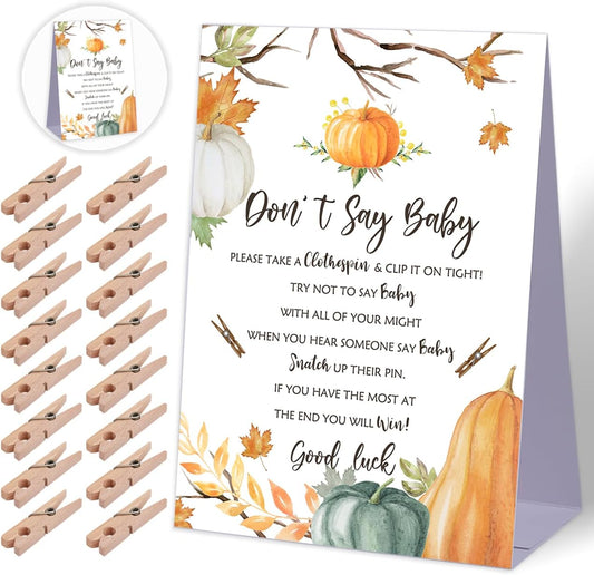 Don't Say Baby Baby Shower Game,Boho Pumpkin Baby Shower Decorations,Rustic Baby Shower Decorations,Neutral Baby Shower Decorations,Baby Shower Game Ideas,1 Sign & 50 Mini Clothespins Set-B22