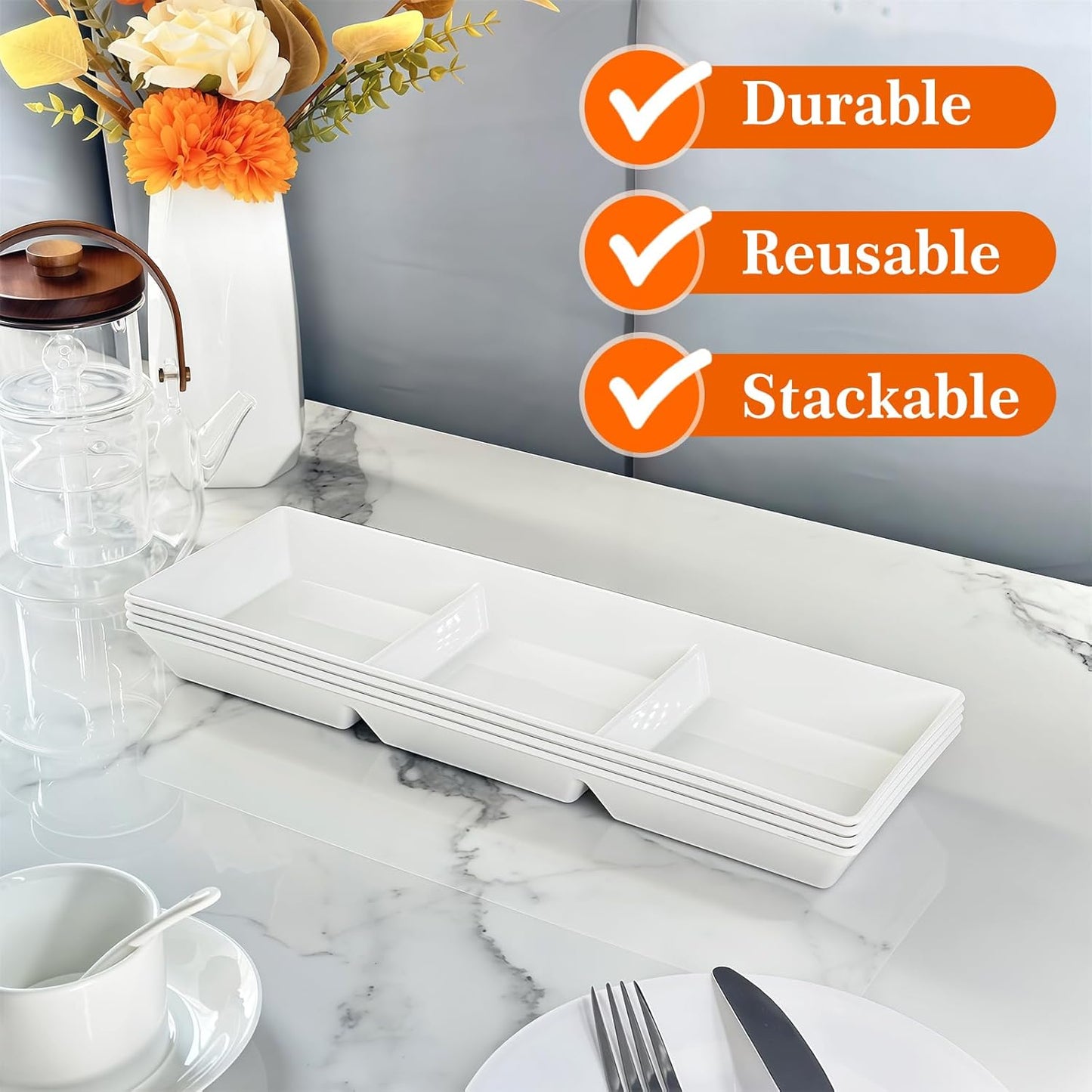 Divided Serving Tray Platter, 2 Pack 15" x 5" Fruit Veggie Food Tray for Party, Plastic Serving Trays for Appetizer, Snack, Dessert, Cookie, Brunch Decorations Platters, White Trays BPA-Free