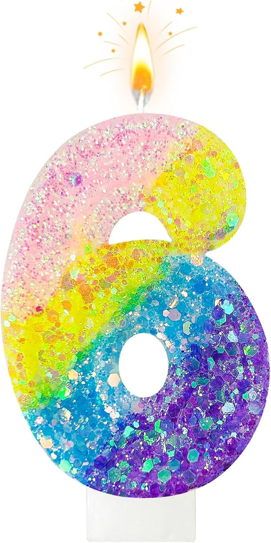 Birthday Candles Pastel Macaron Glitter 3D Rainbow Number Candles for Birthday Cake Girls Women Sweet Theme Birthday Wedding Anniversary Party Cake Decoration (Number 6)