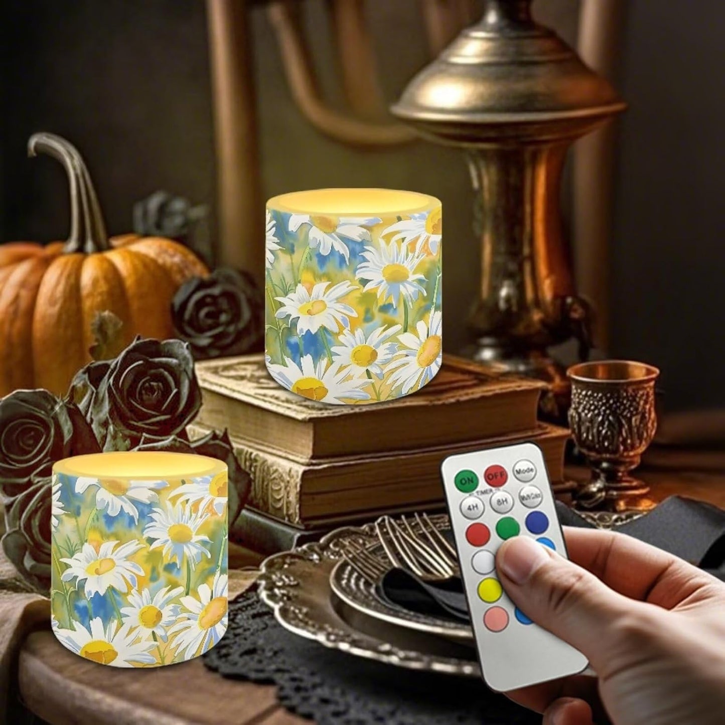 Poceacles Remote Control LED Flameless Candles Set of 4, Decorative Flickering Battery-Powered Candles with Remote Control for Restaurant Cafe Party Decor, Daisy Green Yellow Blue