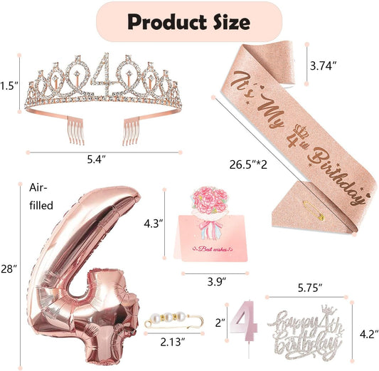 4th Birthday Decorations Girl, Including 4 year old Birthday Cake Topper, Queen Sash with Pearl Pin, Sweet Rhinestone Tiara Crown, Number Candles and Balloons Set, Rose Gold