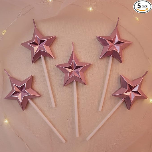 Saododku Birthday Candles, 5pcs Pink Birthday Candles for Cake, Star Shaped Sparkler Candles for Birthday Cake, Metallic Color Stereo Shaping Cake Candles Set