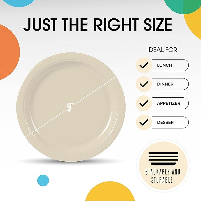 Exquisite Party Solids Ivory Paper Plates Disposable Heavy Duty 9 Inch Ivory Disposable Plates For Party 100 Pcs Heavy Duty 350 GSM, Birthday Supplies