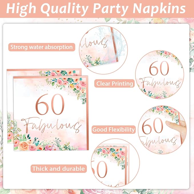 96Pcs 60th Birthday Party Supplies 60 Fabulous Paper Plates Napkins 60 Years Party Decorations Rose Gold Birthday Dinnerware Party Favor Women 60th Birthday Tableware Serves 24