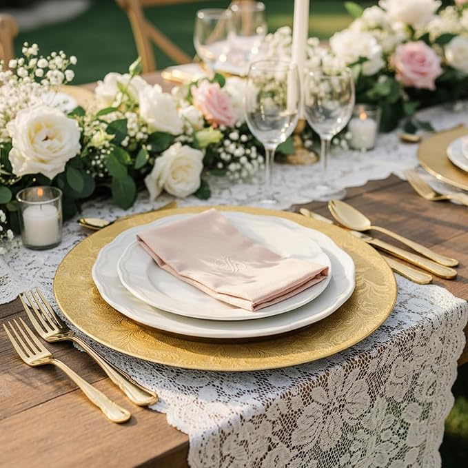 30 Pcs Gold Charger Plates Bulk 13 Inch Embossed Rim Plastic Round Decorative Vintage Plates Charger for Dinner Wedding Party Event Table Setting Decoration (Floral)