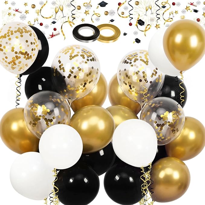 Black and Gold Balloons 60pcs 12Inch Metallic Gold Confetti Black White Latex Balloons for Birthday Graduation Decorations New Year Eve Festival Party Supplies