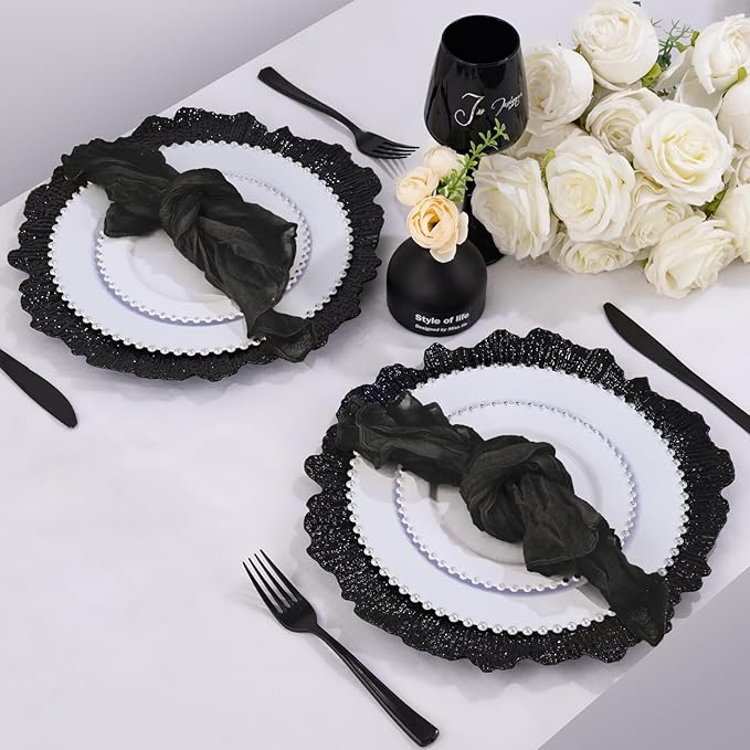 EI 50pcs Black Charger Plates With Reef High-end,13 Inch Black Chargers Heavy duty for Dinner Plates,Decorative Plate for Afternoon Tea,Wedding,Events,Business Events,Hotel Banquets