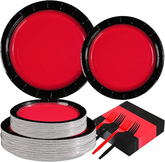 Grencian 200Pcs Red and Black Party Decorations Valentine's Day Red and Black Plates and Napkins Disposable Tableware Set for Graduation Birthday Wedding Valentine's Day Party Supplies, Serves 50