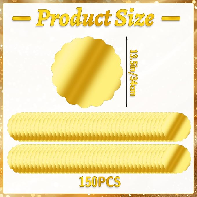 150 Pcs Scalloped Round Gold Paper Placemat for Dinner Plates,13.5" Round Disposable Place Mats Chargers Bulk Christmas Wedding Birthday Party Foil Paper Table Mats Decorative
