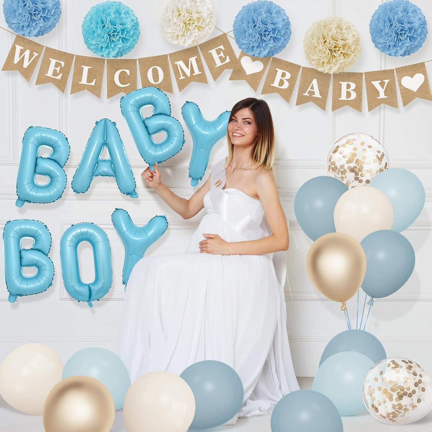 Ouddy Party Dusty Blue Baby Shower Decorations for Boy with Welcome Baby Banner Baby Boy Blue Champagne Sand Foil Balloons Fringe Curtains Paper Pom Poms for Baby Shower Gender Reveal Party Supplies