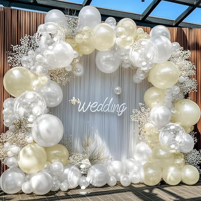 Pearl White Balloon Arch Double Stuffed Pastel White Cream Balloon Garland Different Sizes 12/10/5in With Clear Bobo Balloons For Birthday Wedding Bridal Baby Shower Baptism Engagement Party Decor