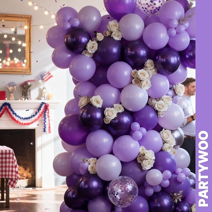 PartyWoo Purple Balloons 65pcs 12 Inch Light Pastel Dark Metallic Purple Lilac Lavender Confetti Balloons for Graduation Baby Shower Birthday Wedding Anniversary Butterfly Princess Party Decorations