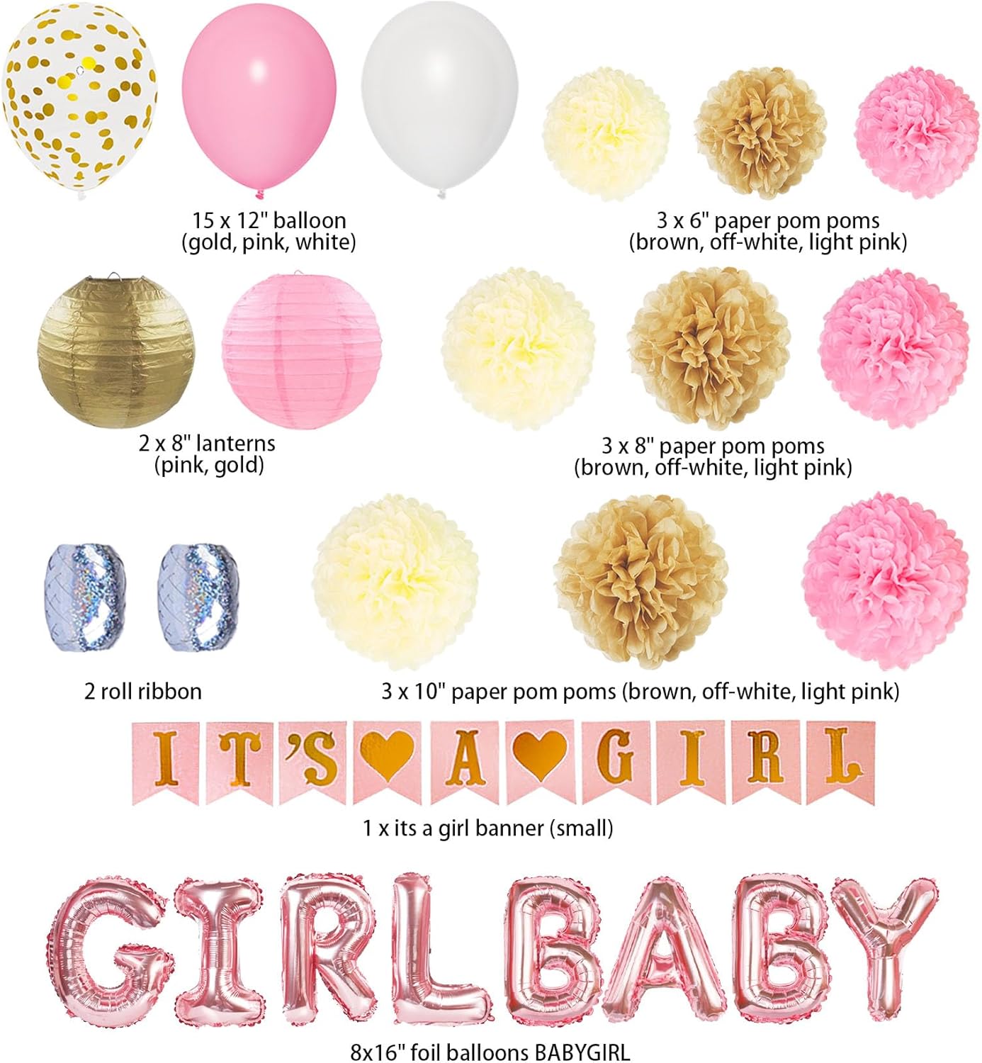 Ouddy Party Pink Baby Shower Decorations for Girls with Its a Girl Banner, Baby Girl Letter Pink Gold Confetti Balloons Paper Pom Poms for Baby Shower Gender Reveal Party Supplies