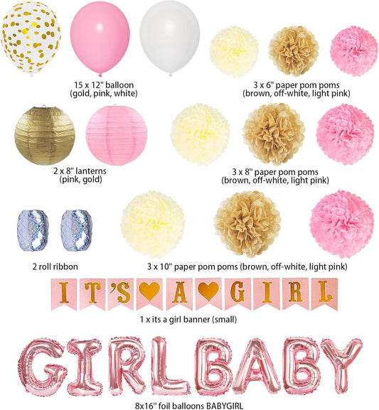 Ouddy Party Pink Baby Shower Decorations for Girls with Its a Girl Banner, Baby Girl Letter Pink Gold Confetti Balloons Paper Pom Poms for Baby Shower Gender Reveal Party Supplies