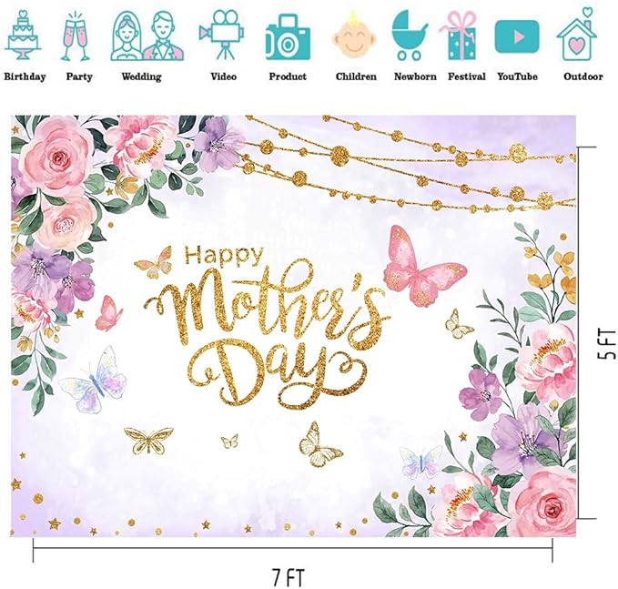 CYLYH 7x5ft Happy Mother's Day Backdrops Pink Carnation Background Mother's Day Party Decorations Banner Photo Studio Props D893