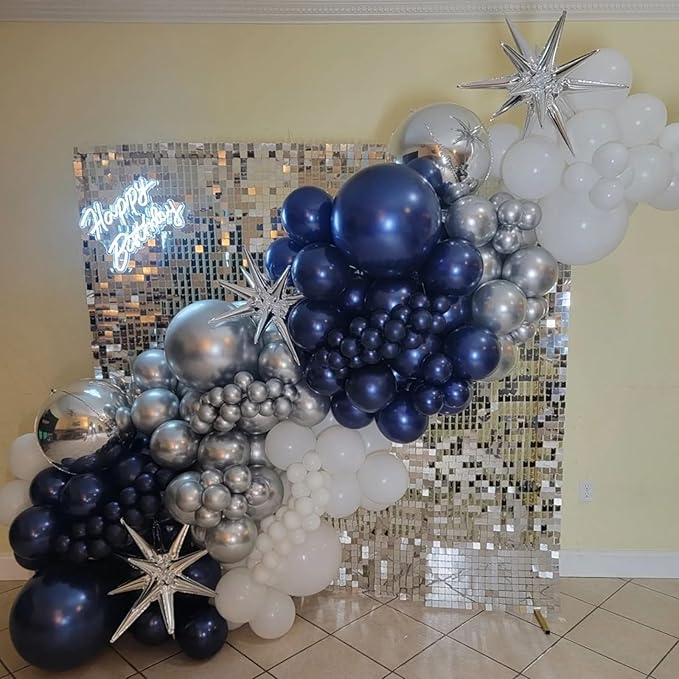 Blue and Silver Balloons Arch Garland Kit, 134pcs Navy Blue and Silver Balloons with Different Size for Birthday Party Baby Shower Graduation Class of 2025 Prom Decorations