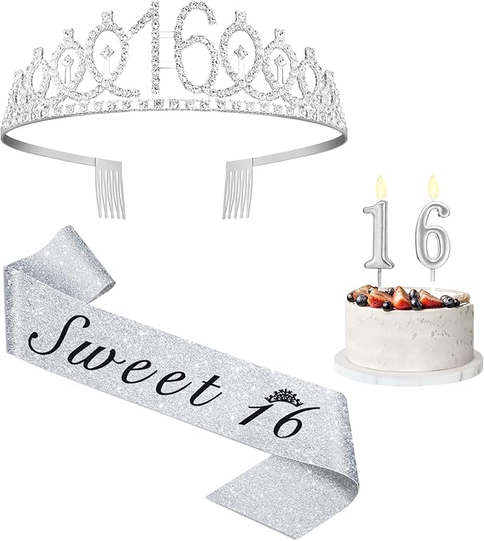 Sweet 16 Party Decorations for Girls with Sweet 16 Sash Silver, Rhinestone 16th Birthday Tiara, 16 Candles Silver, 16th Birthday Gifts for Girls