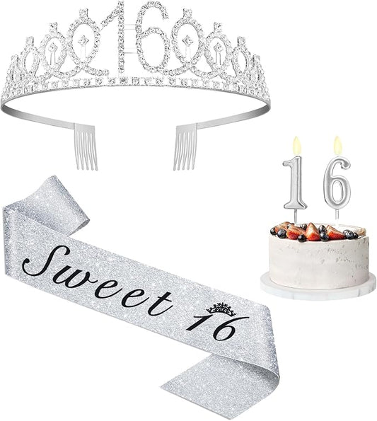 Sweet 16 Party Decorations for Girls with Sweet 16 Sash Silver, Rhinestone 16th Birthday Tiara, 16 Candles Silver, 16th Birthday Gifts for Girls