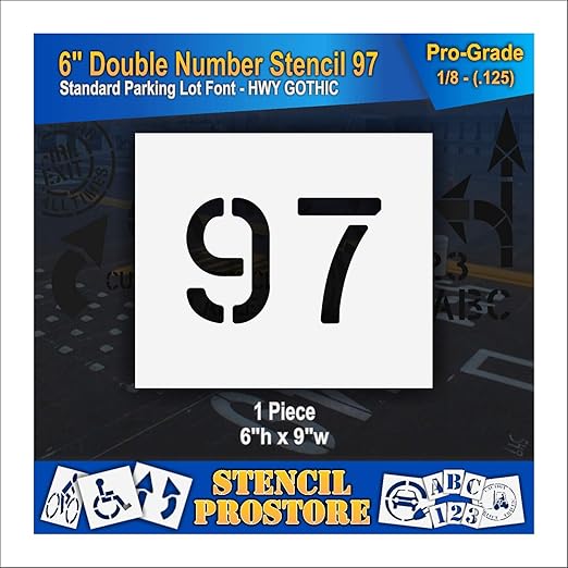 Pavement, Curb, and WheelStop Stencils - 6 inch Double Number Stencil - (97) - 6" x 9" x 1/8" (128 mil) - Pro-Grade