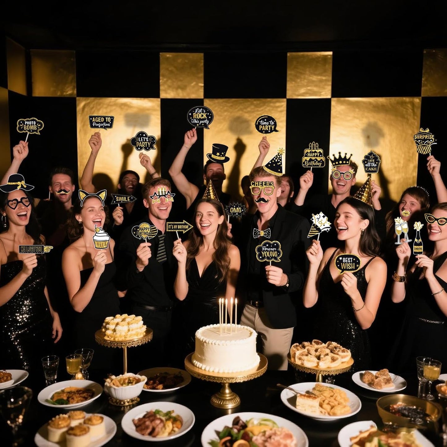 JOJO FLY 36 Pcs Birthday Photo Booth Props Kit, Black and Gold Party Favors, Happy Birthday Party Decorations, Photobooth Funny Cute Holiday Selfie Supplies