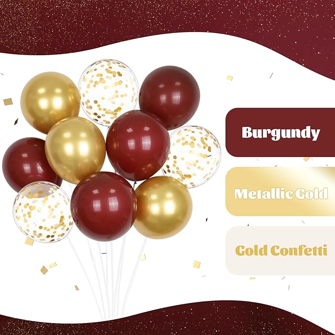 60pcs Burgundy and Gold Balloons 12inch, Maroon and Gold Balloons with Metallic Gold Confetti Balloons for Graduation Birthday Bridal Shower Party Decorations