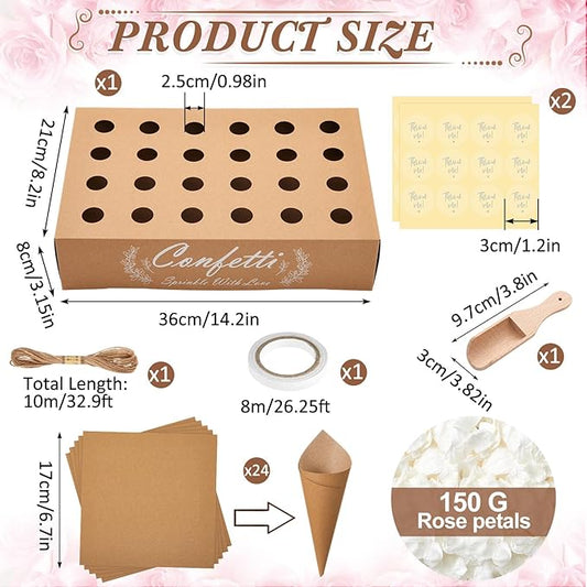 1 Sets Wedding Confetti Cones with 150g (5.29 Oz) Biodegradable Dried Flowers White Petal - 30 Kraft Paper Cones, Tray & Stickers for Wedding, Bridal Shower, Engagement Party, Baby Shower