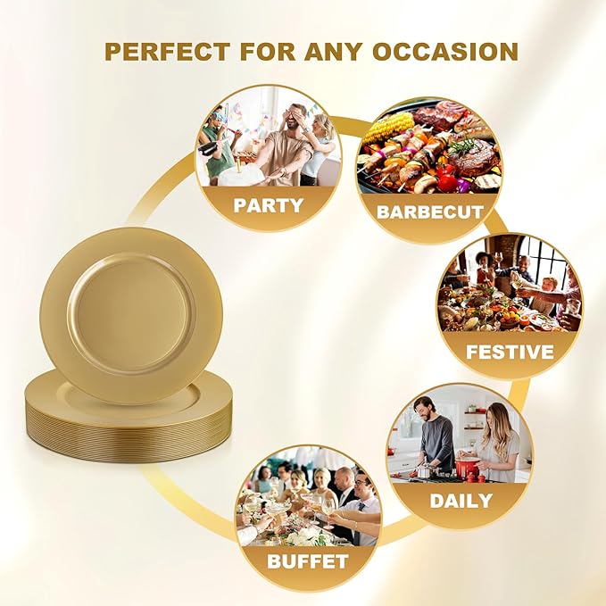 WDF 12Inch Plastic Charger Plates - 25Pack Gold Charge for Dinner - Disposable Gold Charge Plates - Perfect for Dinner/Wedding Party/Elegant Tabletop Decor