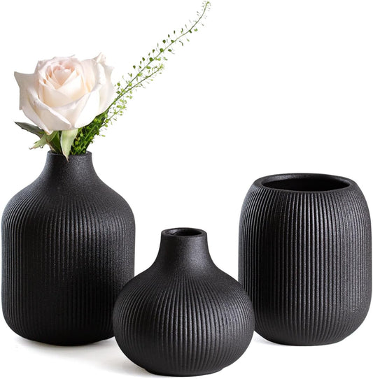 Modern Black Ceramic Vase Set of 3, Ribbed Texture Boho Minimalist Home Decor, Small Decorative Vases for Centerpiece, Shelf, Tabletop - Aesthetic Touch for Neutral & Transitional Spaces