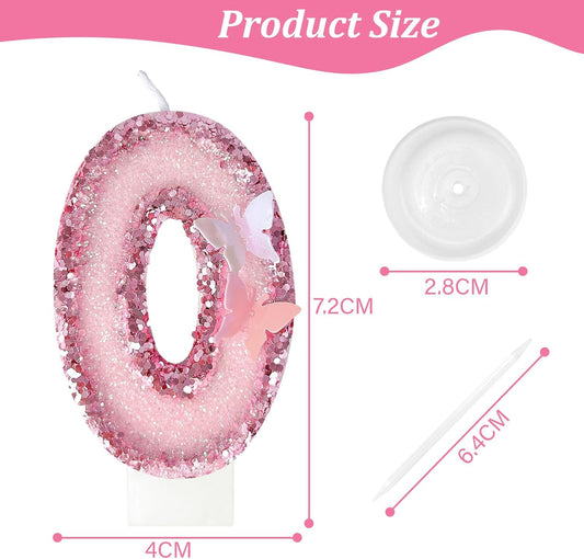 Birthday Candles，Glitter Butterfly Cake Toppers Pink Sequins Wedding Numeral Cupcake Decorations，Suitable for Girl and boy Wedding Cakes, Party Celebrations, Birthday Decorations (Number 0)