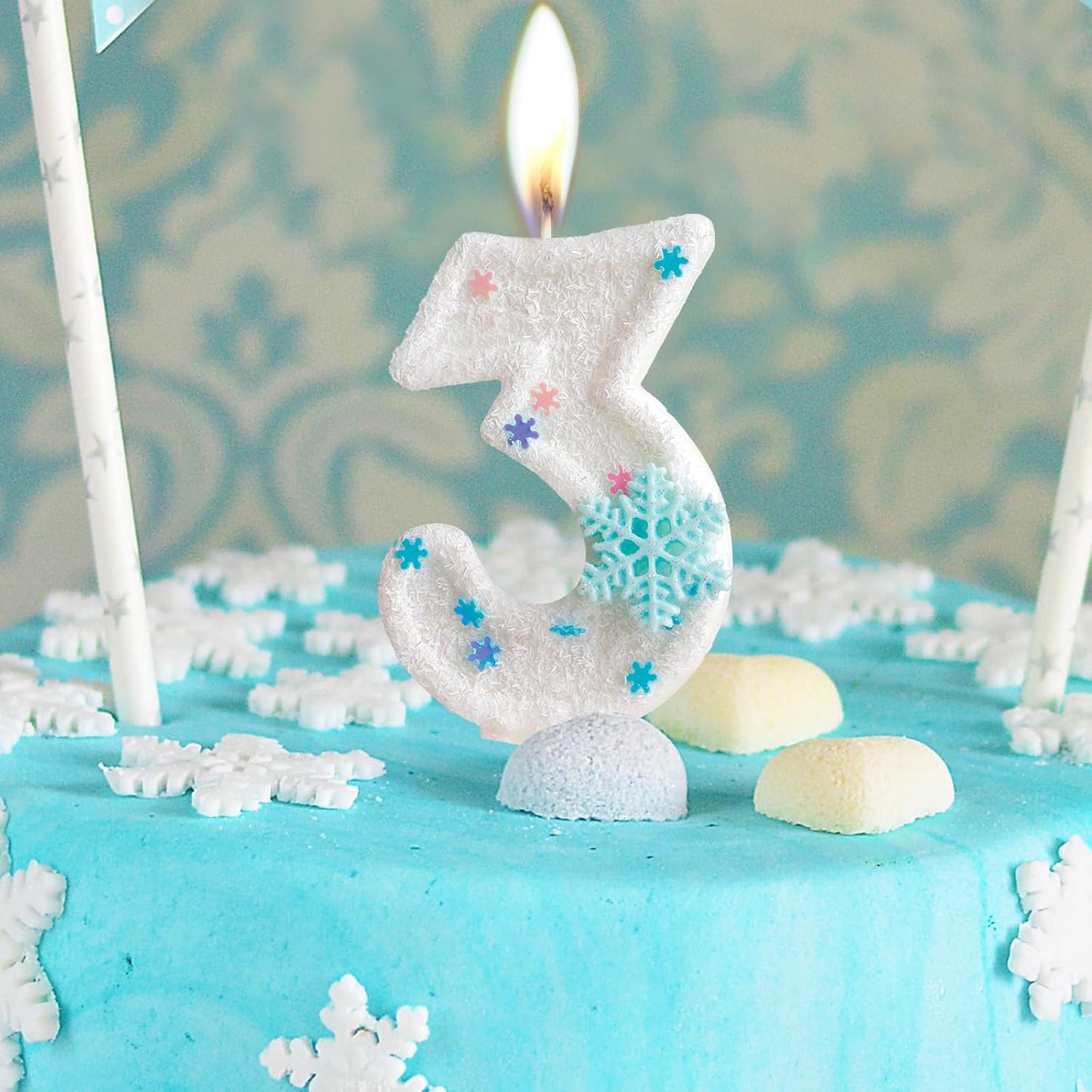 White Frozen Snow Themed Birthday Candles,White Snow Snowflake Number 6th Birthday Candle for Party Supplies,Winter Frozen Birthday Party Number 6 Cake Topper Decorations