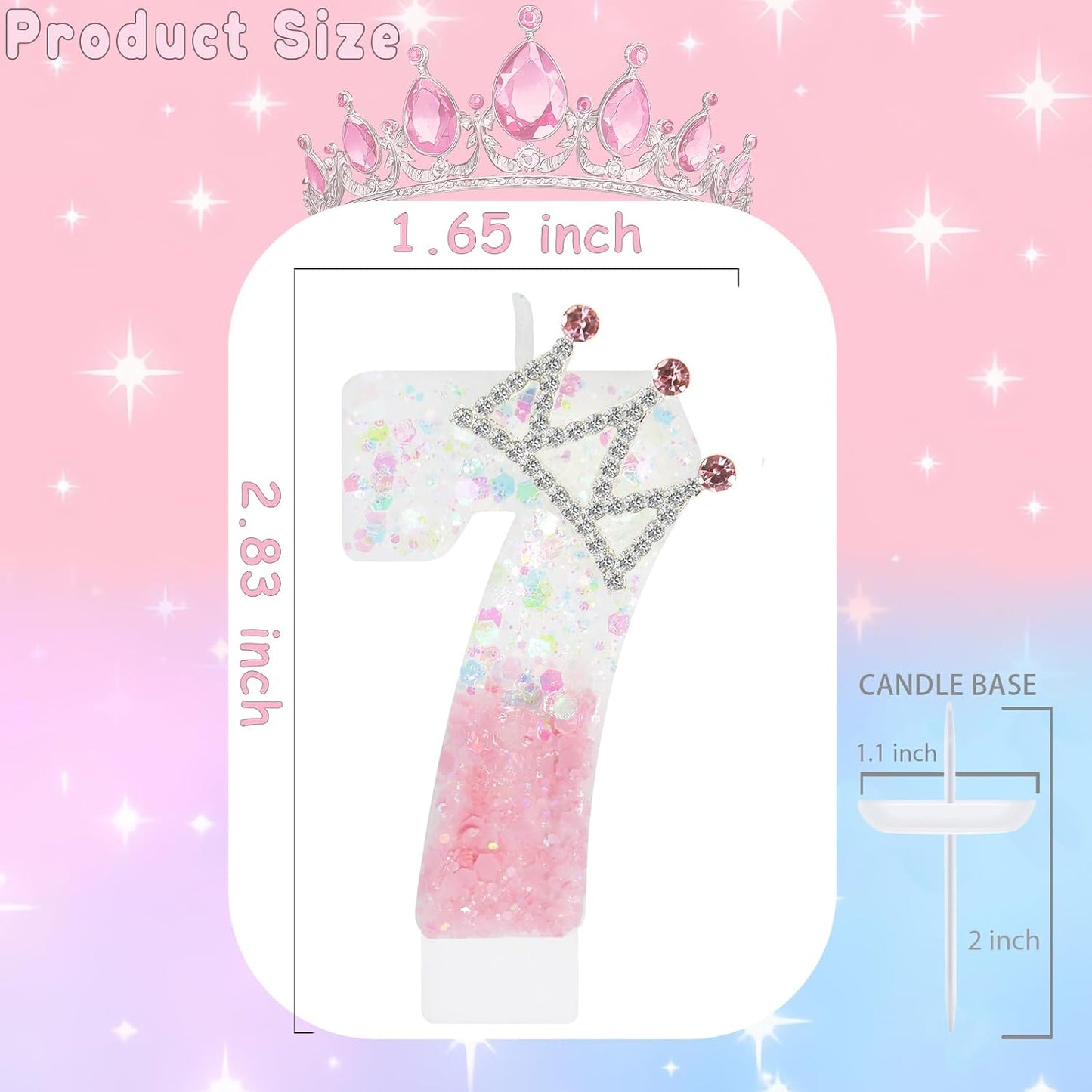 Pink White Number 7 Candle, Glitter Crown Cake Topper, Princess Birthday Party Decorations for Girls and Women Anniversary Celebrations Party Favors