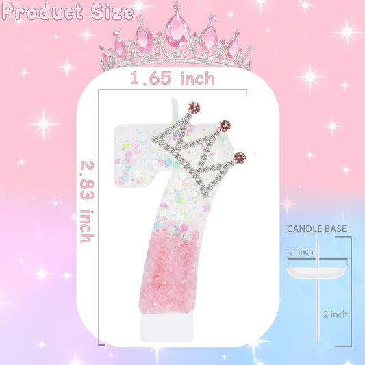 Pink White Number 7 Candle, Glitter Crown Cake Topper, Princess Birthday Party Decorations for Girls and Women Anniversary Celebrations Party Favors