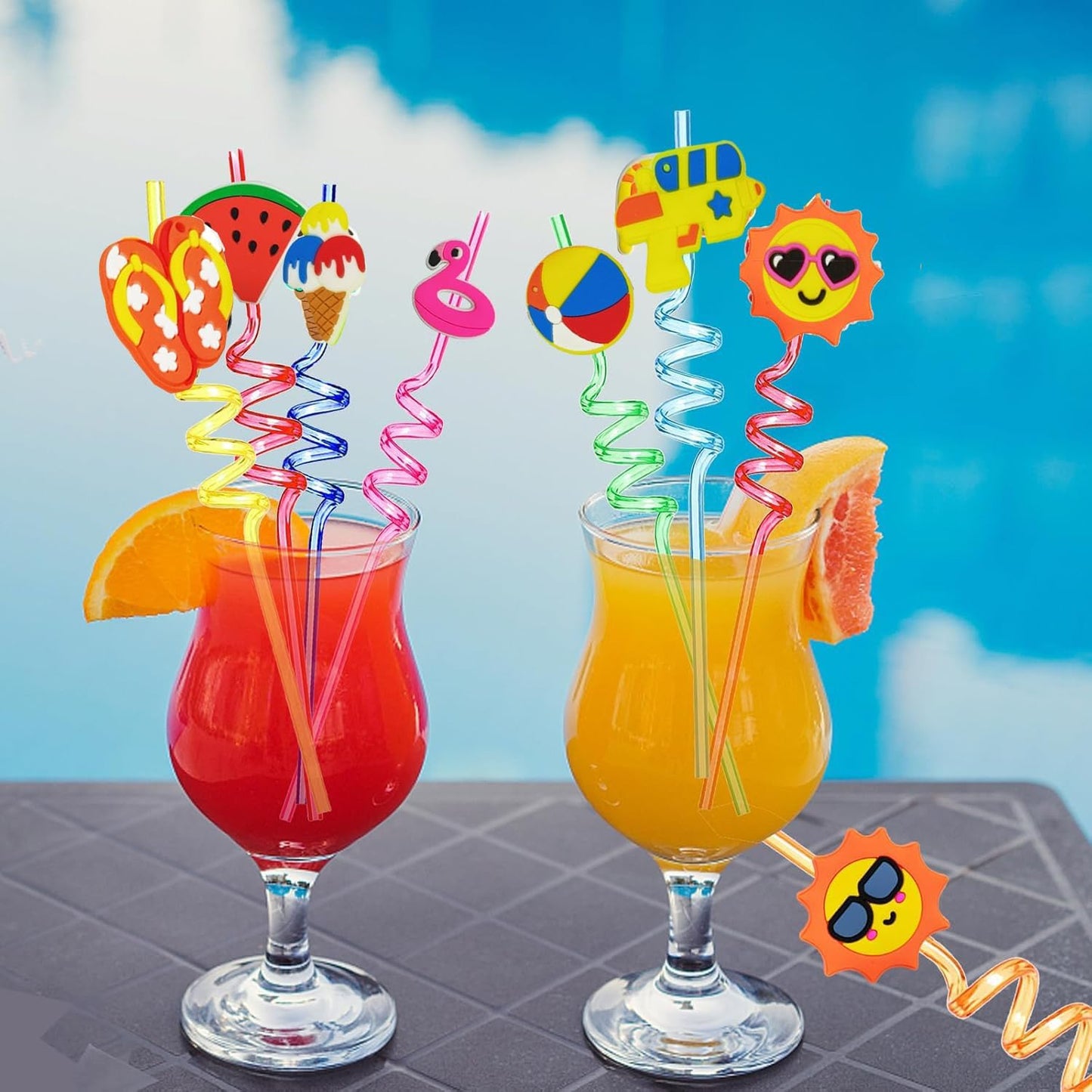 74Pcs Drinking Straws ＆ Stickers Set,Summer Pool Beach Party Favors,Beach Theme Party Decorations Supplies Hawaiian Birthday Goodie Bag Stuffers