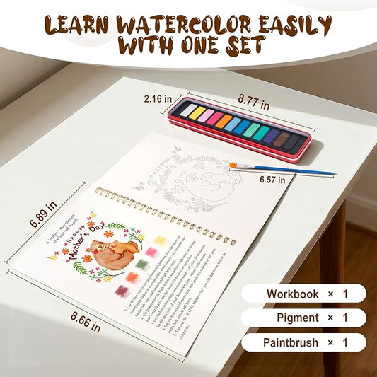 Kivzex Mother's Day Watercolor Workbook for Adults, Beginner Friendly Watercolor Painting Kit Water Coloring Book, Nature-Themed Practice Art Gift Water Color Paint Book with Palette and Brush