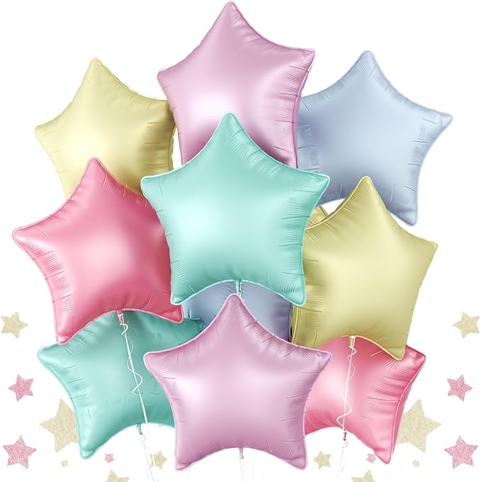 Biapian Pastel Star Foil Balloons, 10PCS Macaron Foil Stars Shape Balloon, 18 Inch Multicolor Stars Balloons for Helium Pentagram Balloon for Girls Boys Birthday, Baby Shower Wedding Party Decoration