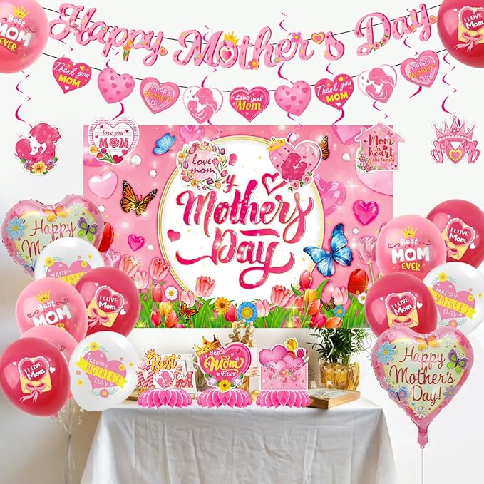 Mother's Day Decorations Includes Banner,Balloons,Backdrop,Hanging Swirls,Honeycomb,Balloon Ribbon for Mother's Day Party Decor Mothers Birthday Party Supplies
