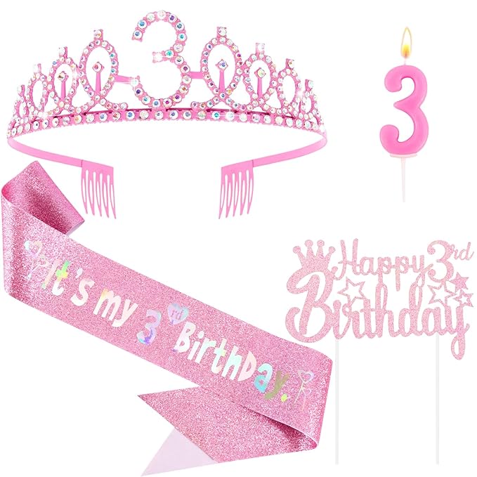 3rd Birthday Decorations for Girls - Pink Birthday Crown, Glitter Sash, Number 3 Candles and Cake Toppers for Girls 3 Year Old Party Supplies Outfit Gift
