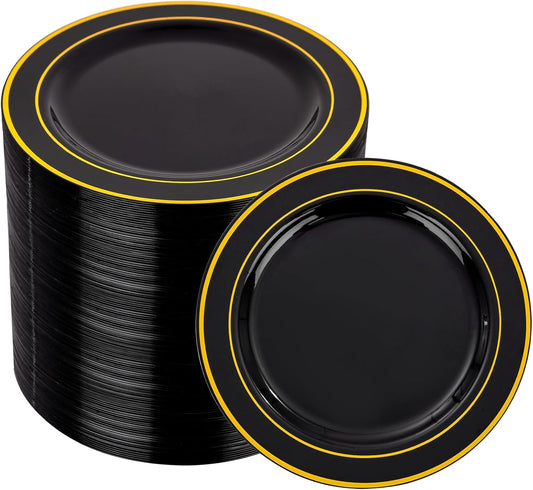 bUCLA 100PCS Black and Gold Plastic Plates - 6.25 inch Black Gold Premium Hard Disposable Dessert/Salad/Appetizer/Small Cake Plates for Party, Graduation & New year