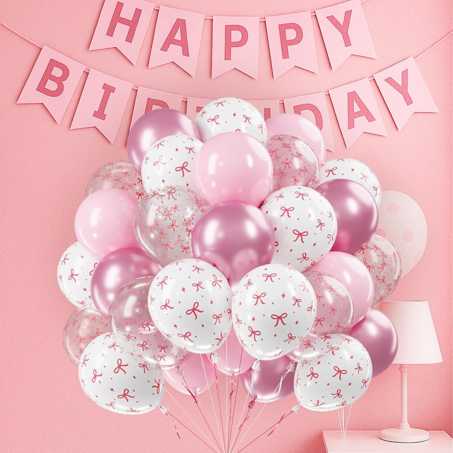 Netnology Pink Bow Balloons, 60Pcs 12 Inch Light Pink Metallic Pink Clear White Bow Balloon for Girls Women Princess Coquette Birthday Baby Shower Bridal Shower Wedding Bachelorette Party Decorations