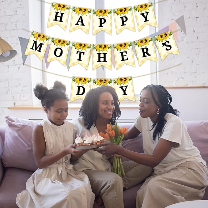 Happy Mother's Day Banner Set Decoration for Mother's Day Party Decorations Backdrop Garland for Mom Glitter Garland Photo Props (Yellow Sunflower)