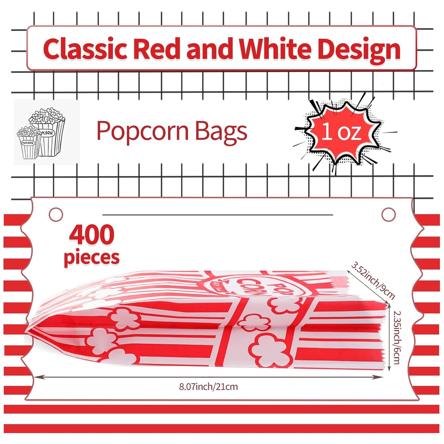 VOISEN Paper Popcorn Bags,400 Packs 1oz Popcorn Bag Individual Servings, Pop Corn Bag Bulk for Poporn Machine,Movie Nights Pop Corn Bags