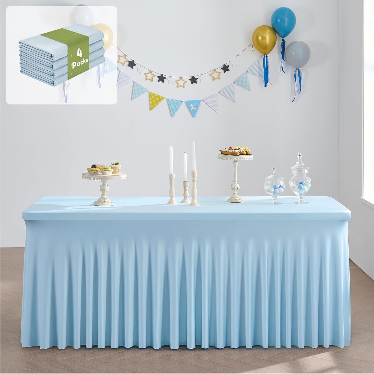 leegleri 4 Pack Blue Spandex Tablecloths for 8 Foot Rectangle Tables, Wrinkle Free Fitted Table Cloths 8ft Stretchy Table Cloth Cover with Skirt for Parties Weddings Birthday Banquet Baby Shower