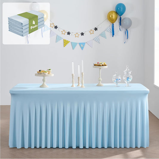 leegleri 4 Pack Blue Spandex Table Clothes for 6 Foot Rectangle Tables, Wrinkle Free Fitted Table Cover 6ft Stretch Tablecloths with Skirt for Parties Weddings Birthday Banquet Baby Shower