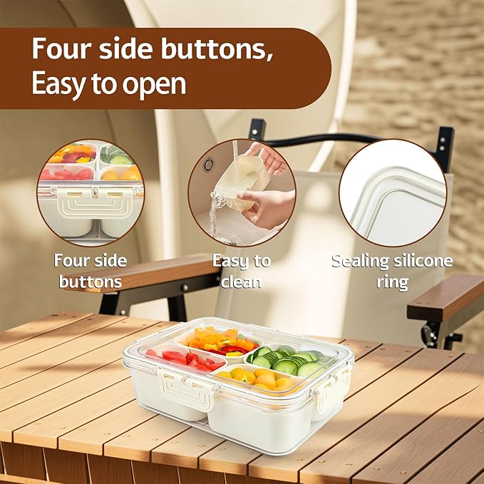 Snack Box Container,Divided Serving Rray with Lid,4 Compartment Snack Containers for Adults,Bento Box Adult Snackle Box Charcuterie Container for Candy,Fruits,Veggie,Perfect for Travel & Picnic