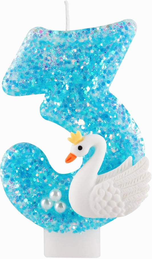Girls Blue Lake White Pearls Swan Glitter 3 Birthday Number Candles for Girls 3 Birthday Cakes Swan Themed Birthday Decorations Party Favors